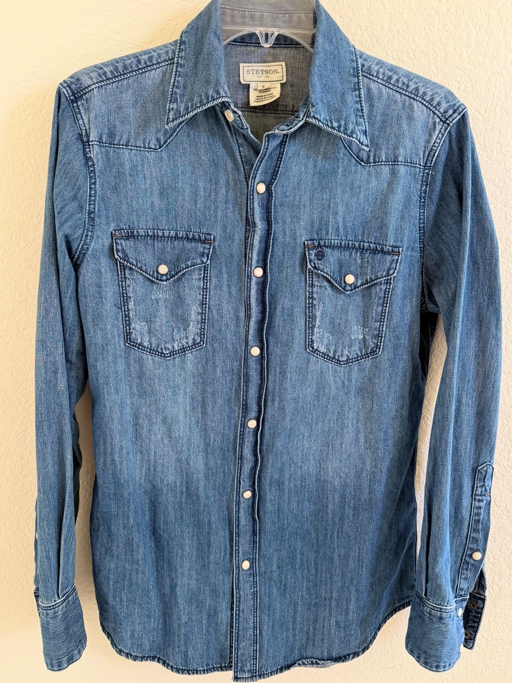 🤠 STETSON Vintage Denim Pearl Snap Button Western Shirt in Blue (Size S)